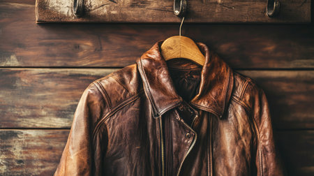 A vintage leather jacket displayed on a wooden wall, showcasing rich textures and warm tones, perfect for fashion enthusiasts and rustic decor lovers.の素材