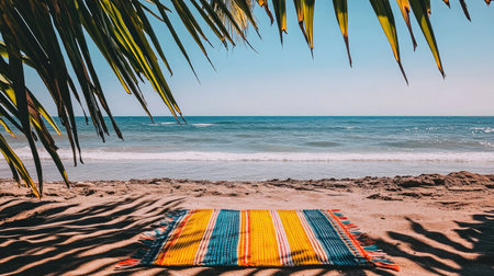 A serene beach scene featuring a colorful blanket resting on sandy shores, framed by lush palm leaves and gentle ocean waves under a bright sky.の素材