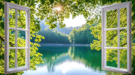 A beautiful view of tranquil waters framed by open windows, showcasing vibrant greenery and sunlight filtering through the leaves. Perfect for nature lovers.の素材