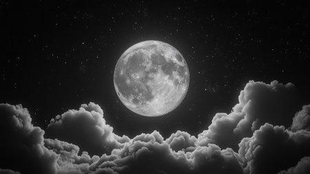 A captivating full moon shines brightly over a sea of fluffy clouds, creating a serene and dramatic atmosphere in this stunning black and white night sky.の素材