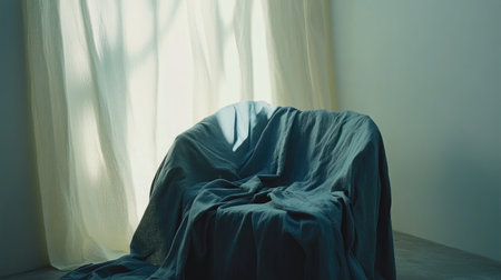 A minimalist chair draped in soft fabric, illuminated by natural light through a window, creating a serene and inviting atmosphere. Perfect for interior design themes.の素材