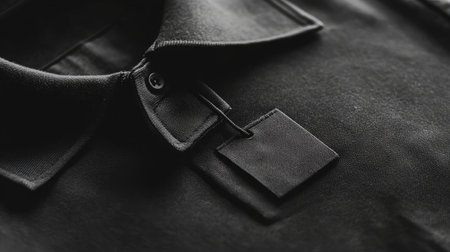 A close-up view of a black casual shirt, highlighting the collar and tag. The minimalist design emphasizes modern fashion trends suitable for various occasions.の素材