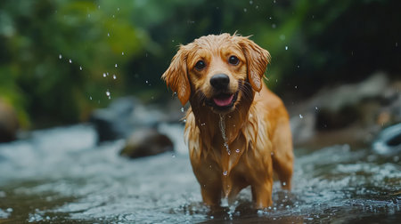 A joyful golden dog splashes in a serene outdoor river, radiating happiness and energy. The playful moment captures the essence of carefree adventures in nature.の素材