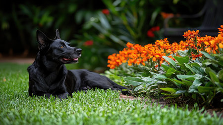 A serene black dog rests elegantly beside vibrant orange flowers in a lush garden, capturing the essence of peaceful outdoor living. Perfect for nature lovers.の素材