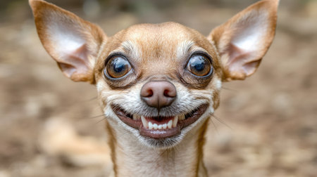 A cheerful Chihuahua with a big smile showcases its playful nature. This adorable canine in a natural setting captures the joy of companionship.の素材