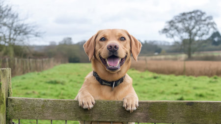 A cheerful dog with a big smile rests its paws on a wooden fence, surrounded by lush green fields and a beautiful landscape, enjoying the daylight.の素材