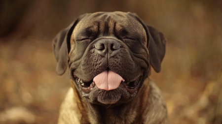 A joyful brown dog with a big smile enjoys a tranquil moment in nature. The close-up captures the warmth and happiness of this playful canine.の素材