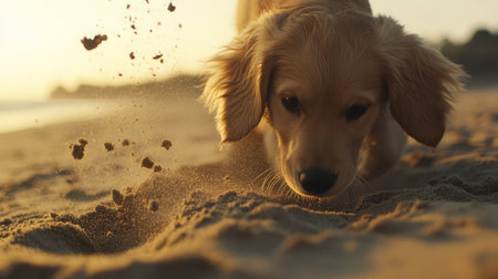 A cute puppy joyfully digs in soft sand at the beach during a stunning sunset. The warm light creates a serene atmosphere perfect for outdoor exploration.の素材