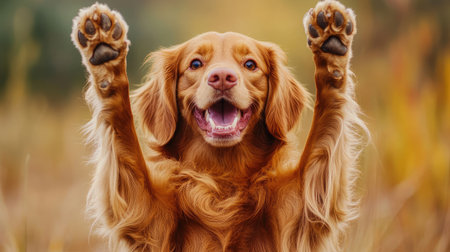 A cheerful golden dog joyfully raises its paws in a lush outdoor setting, showcasing a playful spirit and a happy expression against a beautiful nature backdrop.の素材