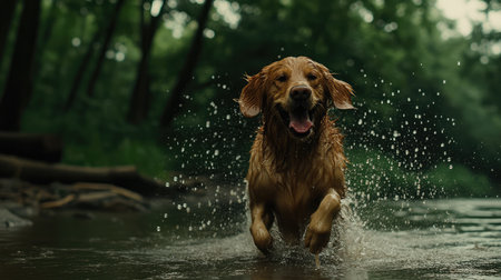 A joyful golden retriever splashes through water in a lush green forest, capturing the spirit of playful moments in nature and the bond between pets and their environments.の素材