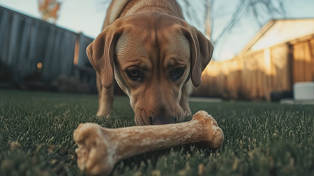 A curious dog sniffs a bone in a grassy backyard, capturing the essence of playfulness and outdoor adventure. Perfect for pet lovers and animal enthusiasts.の素材