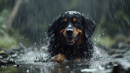 A joyful dog splashes through a rain-soaked environment, embodying energy and playfulness. The wet fur and droplets suggest a vibrant, dynamic outdoor scene.の素材