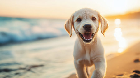 A cheerful puppy runs along the beach as the sun sets, capturing the essence of joy and playfulness. This image evokes feelings of warmth and adventure.の素材