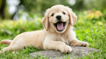 A joyful golden retriever puppy lounging on a rock amidst lush green grass, showcasing its playful personality and vibrant spirit in a sunny outdoor setting.の素材