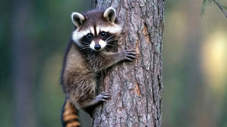 A curious raccoon climbs a tree, showcasing its playful nature and vibrant fur. This adorable wildlife moment captures the essence of the forest's beauty.の素材