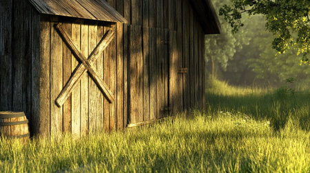 A rustic barn stands quietly in a sunlit meadow, surrounded by lush grass. The warm glow of early morning sunlight enhances the serene rural atmosphere.の素材