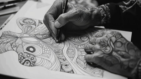 A close view of skilled hands drawing an intricate design on paper, showcasing artistic expression and the detailed process of creating art in black and white.の素材