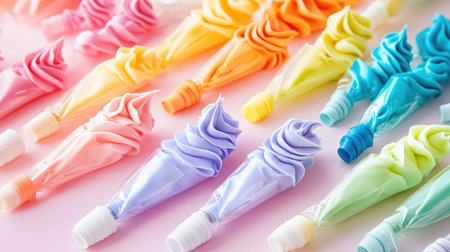 A vibrant assortment of pastel-colored frosting piping bags arranged artfully, perfect for decorating cakes and desserts with a creative touch.の素材