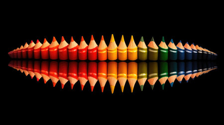 Vibrant colored pencils neatly arranged, reflecting beautifully on a dark surface, perfect for art and education themes, symbolizing creativity and inspiration.の素材