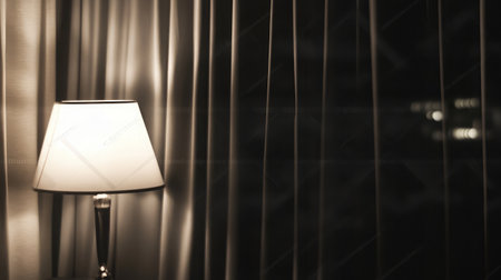 A sophisticated lamp stands beside soft drapes in a tranquil room, creating a warm and inviting atmosphere perfect for relaxation and comfort.の素材
