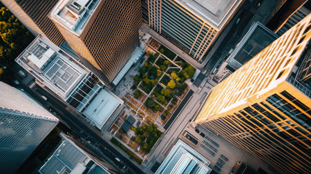 A stunning aerial view captures a vibrant urban landscape featuring modern skyscrapers surrounding a green park, showcasing the harmony of nature and architecture.の素材