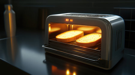 A sleek modern toaster in a dimly lit kitchen toasting slices of bread. The warm glow from the toaster adds a cozy atmosphere perfect for any meal.の素材