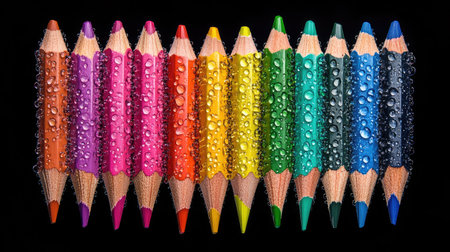 A vibrant collection of colored pencils with water droplets, showcasing a beautiful visual contrast against a black background. Perfect for art and creativity themes.の素材