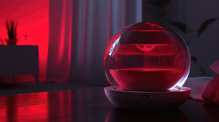 A modern red lamp featuring a water element creates a soothing ambiance in a stylish interior. Perfect for enhancing any relaxing space with its elegant design.の素材