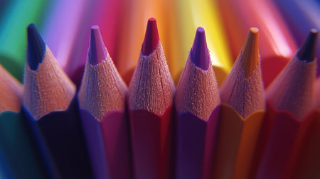 A close-up view of brightly colored pencils arranged in a stunning spectrum. Perfect for art projects and creative expressions, this image captures vibrant shades and textures, ideal for educational materials and design inspirations.の素材