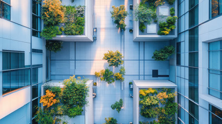 Aerial view of a modern urban garden featuring greenery and sunlight. The design blends architecture with nature, creating a tranquil outdoor space.の素材