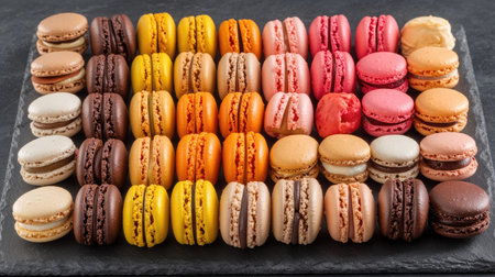 A visually stunning display of colorful macarons arranged on a slate tray, featuring a range of flavors and vibrant hues that entice the senses. Perfect for dessert lovers!の素材