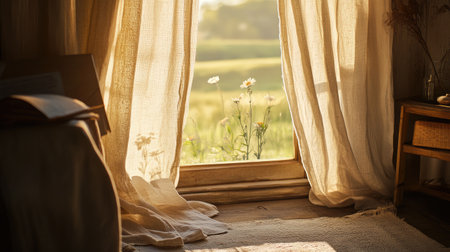 A serene interior view showcasing soft curtains by a window, allowing warm sunlight into a cozy space adorned with delicate flowers. Perfect for evoking tranquility.の素材
