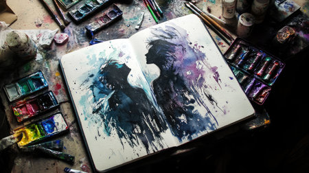 This vibrant watercolor artwork features silhouettes intertwined, capturing a powerful emotional connection. The art showcases splashes of color on a creative workspace, ideal for artistic projects.の素材