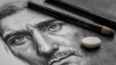This close-up image features a detailed pencil sketch of a man's face, capturing intricate lines and realistic shading, showcasing artistic talent and creativity.の素材