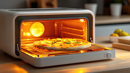 A freshly baked pizza sits inside a modern oven, showcasing melted cheese and vibrant toppings. The warm light enhances the inviting atmosphere of the kitchen.の素材