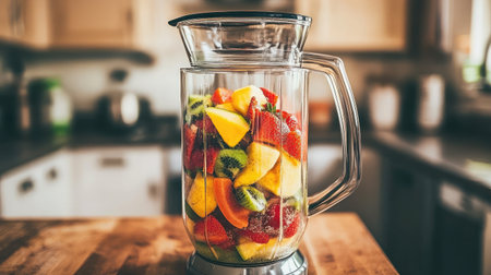 A blender filled with fresh, colorful fruits ready to be blended into a delicious smoothie. Perfect for a healthy drink in a cozy kitchen setting.の素材