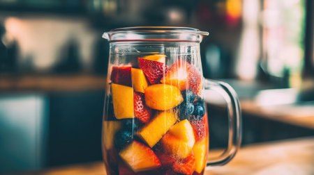 A vibrant glass pitcher filled with fresh, colorful fruit pieces, showcasing a healthy and refreshing mixture perfect for summer gatherings or as a nutritious snack.の素材
