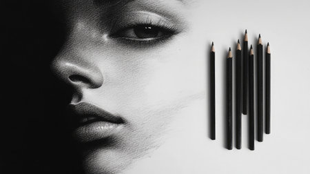 A close-up of an artistic portrait featuring a detailed pencil drawing alongside sketching tools. The contrast between light and dark enhances the beauty of the artwork.の素材