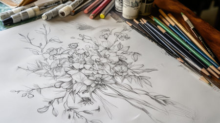A beautifully detailed floral sketch surrounded by various art supplies, showcasing the creative process and artistic inspiration in a cozy workspace.の素材