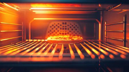 A delicious pizza baking in a warm oven, showcasing the golden crust and melting cheese. Perfect for food lovers and cooking enthusiasts.の素材