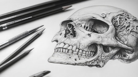 A high-quality sketch of a human skull surrounded by art supplies. This detailed illustration showcases the intricacies of human anatomy and artistic technique.の素材