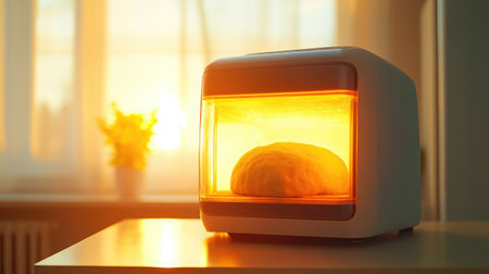 A loaf of bread dough rises in a warm oven as sunlight streams through the window. This cozy kitchen scene captures the essence of baking at home.の素材