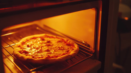 A freshly baked pizza sits in a cozy oven, glowing with warmth and delicious aromas. Perfect for food lovers and culinary enthusiasts.の素材