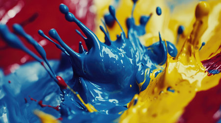 Dynamic paint splashes in vibrant red, blue, and yellow create an abstract visual experience. Ideal for art, creativity, and design projects.の素材