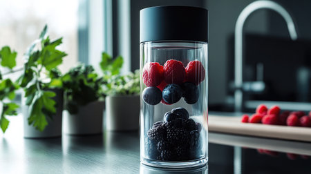 A sleek glass container filled with vibrant berries offers a perfect blend of modern design and fresh ingredients. Ideal for a healthy lifestyle.の素材