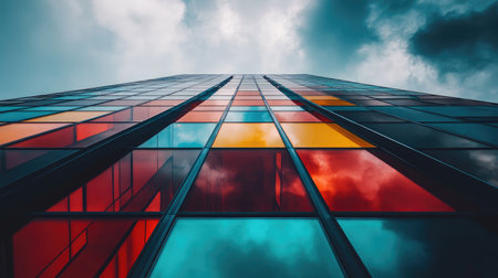 A striking perspective of a modern glass building showcasing vibrant reflections of colorful panels against a dramatic cloudy sky. Perfect for architectural themes.の素材