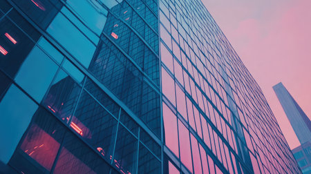 A vibrant view of a modern glass building reflecting colorful light, showcasing contemporary architecture in an urban environment during sunset.の素材