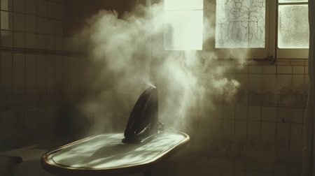 A serene moment capturing steam rising from an iron on an ironing board in a sunlit kitchen, emphasizing warmth and the comfort of home.の素材