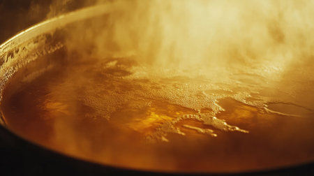A close-up of a steaming pot filled with golden liquid, showcasing the bubbling texture and warm ambiance of the cooking process in a kitchen setting.の素材