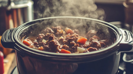 A steaming pot of hearty stew simmering in a slow cooker, filled with fresh vegetables and tender meat, perfect for a cozy home-cooked meal.の素材